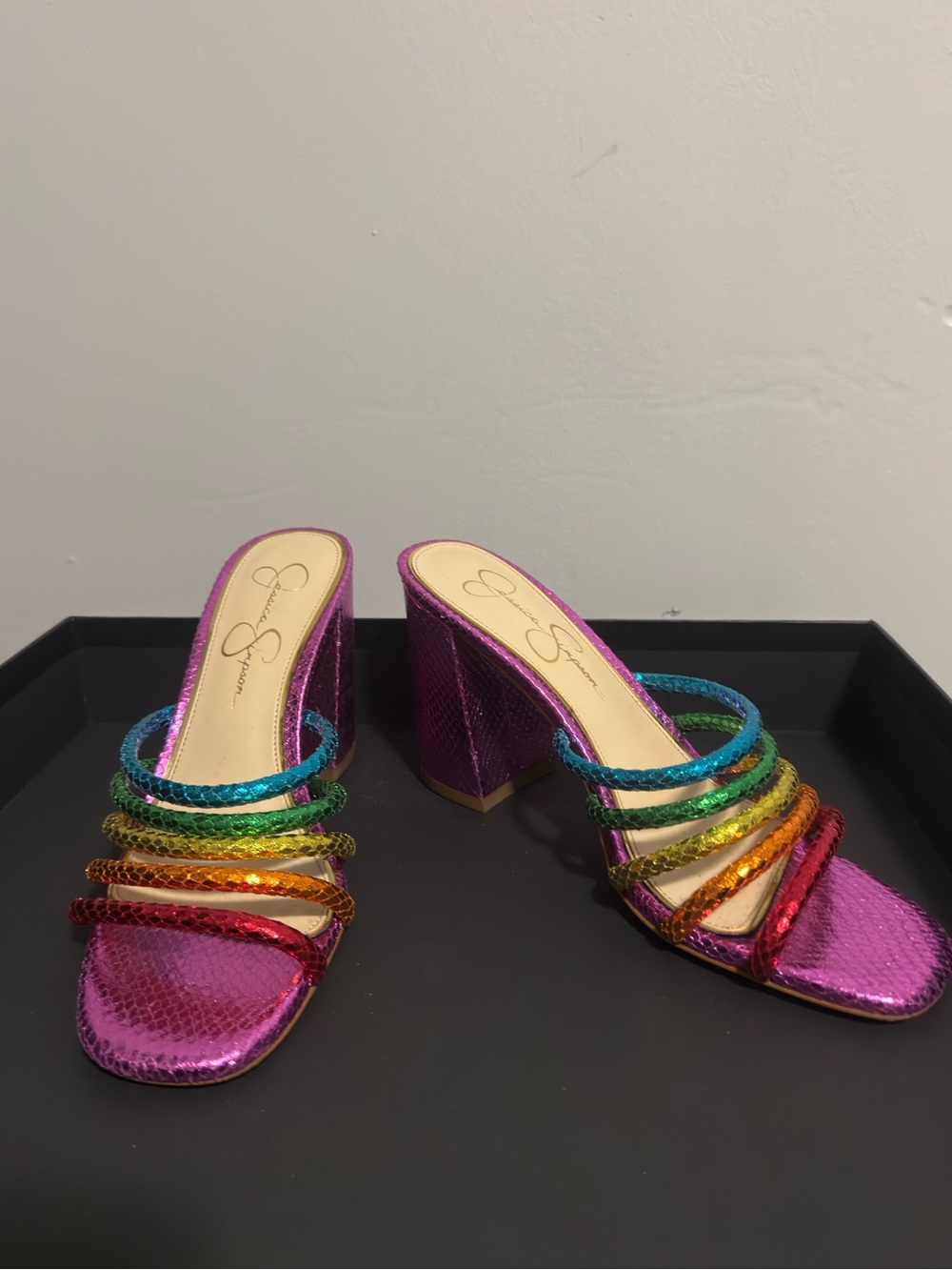Jessica Simpson “Fixton” Metallic Purple Block Mules w/ Rainbow 🌈 Straps